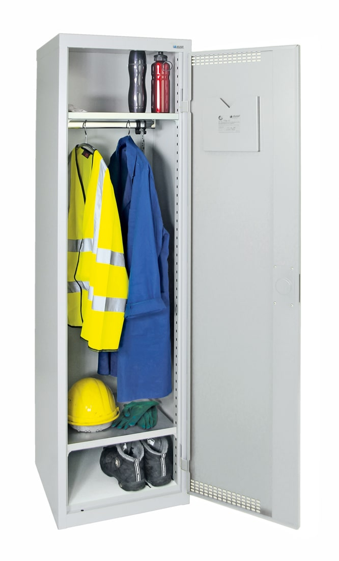 Garderobenschrank schmal, 2 Ablagen, lichtgrau