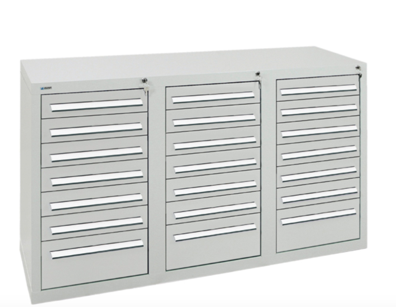 Schubladenschrank, Breite 150 cm, mit 100 % - Teleskopauszügen, 35 kg / Schublade, 21 Schubladen, li