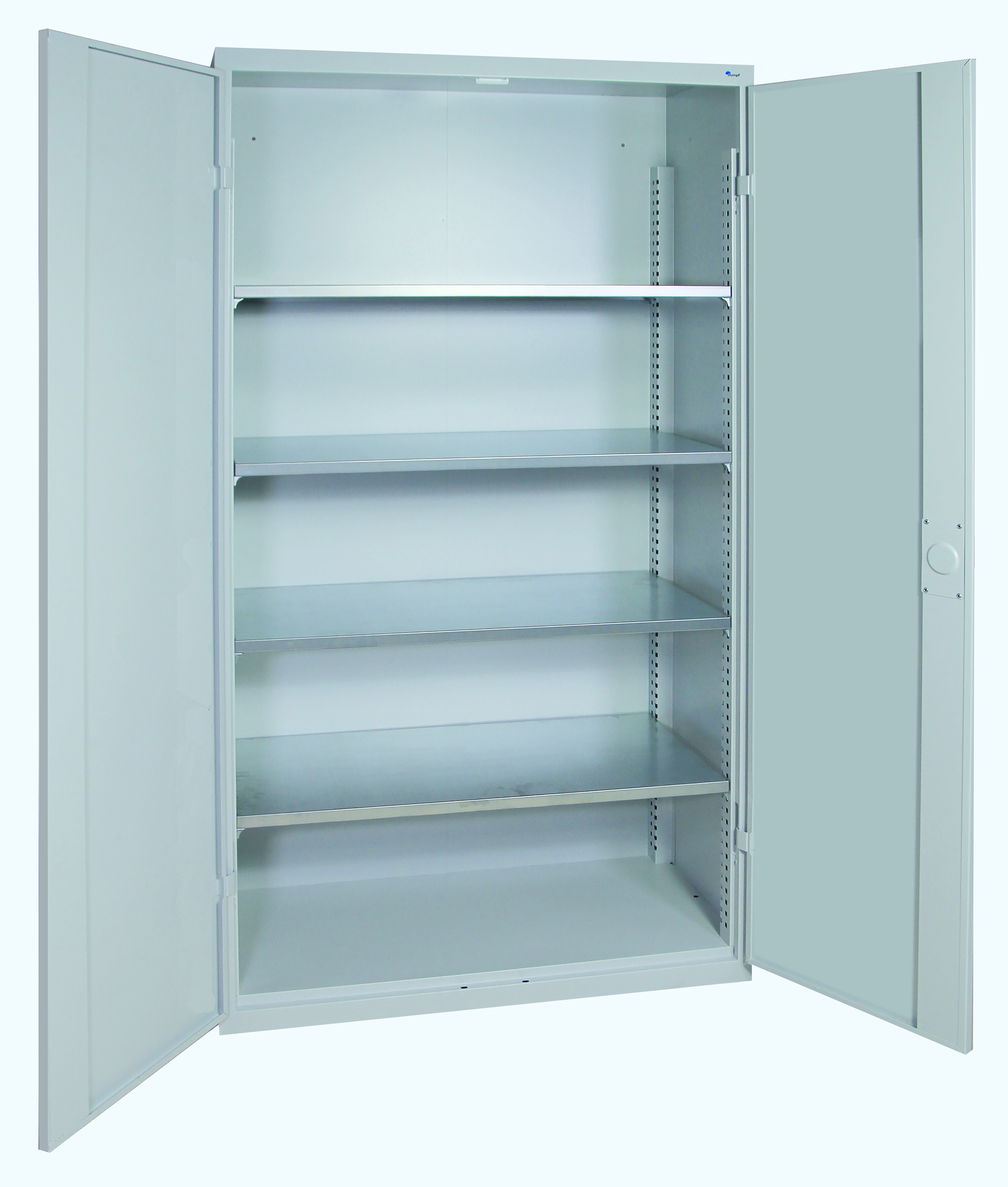 Universal-Stahlschrank mit 4 Fachböden, Flügeltüren in lichtgrau.