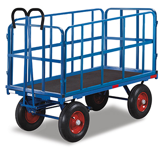 Handpritschenwagen mit 4 Stahlrohrgitterwänden (930x630mm), 700 kg, Vollgummi