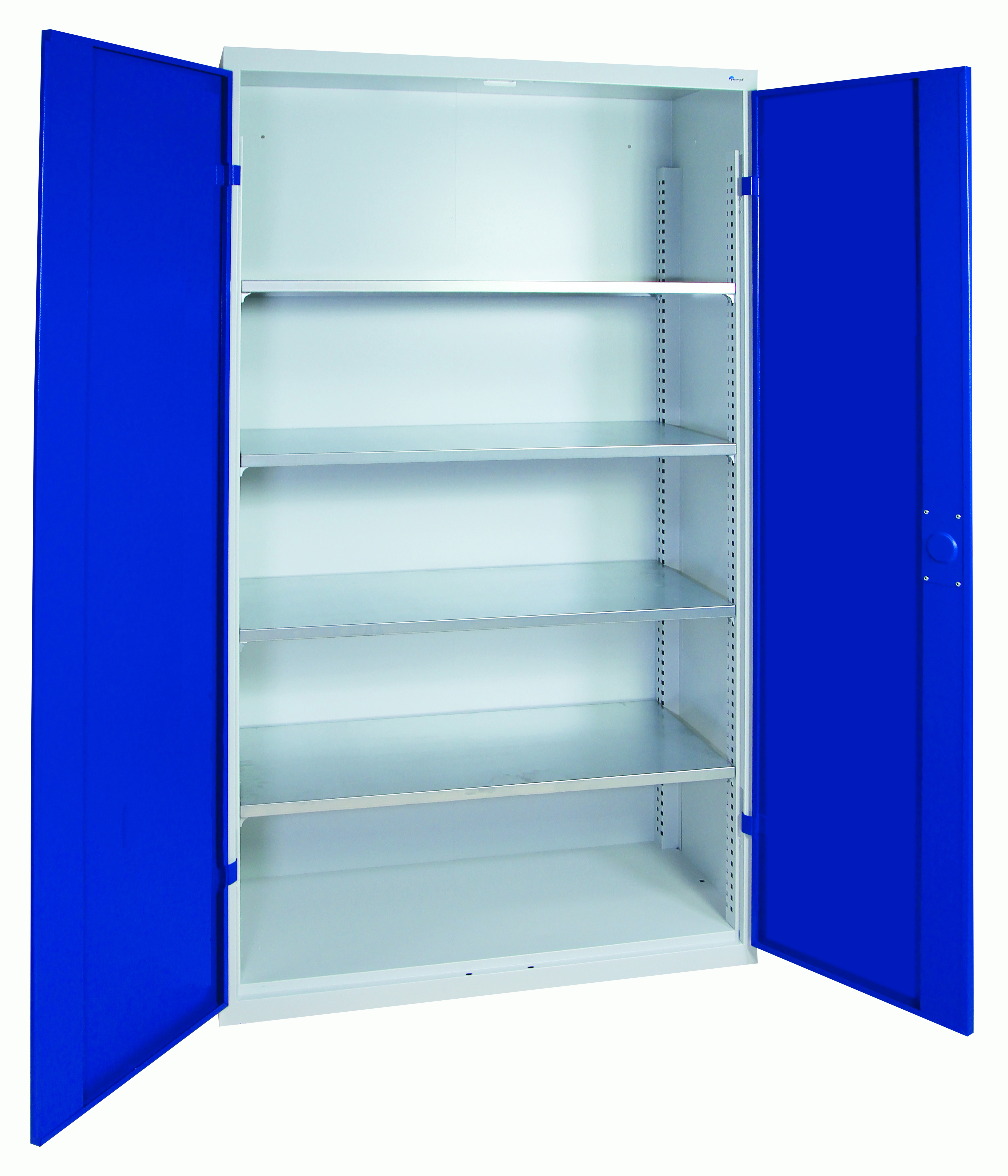 Universal-Stahlschrank mit 4 Fachböden, Flügeltüren in enzianblau.