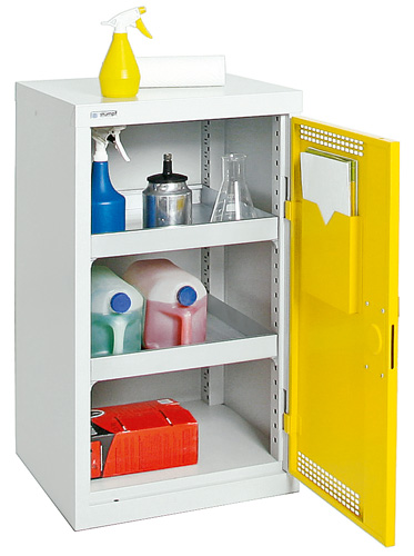 Kleiner Umweltschrank mit Schließleistenabdeckung, 2x 10 Liter Wannen, Flügeltür Signalgelb