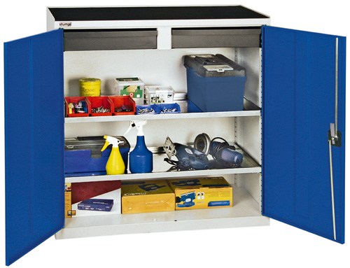 Kleiner Flügeltürenschrank mit 2 Schubladen und 2 Wannen, Enzianblau