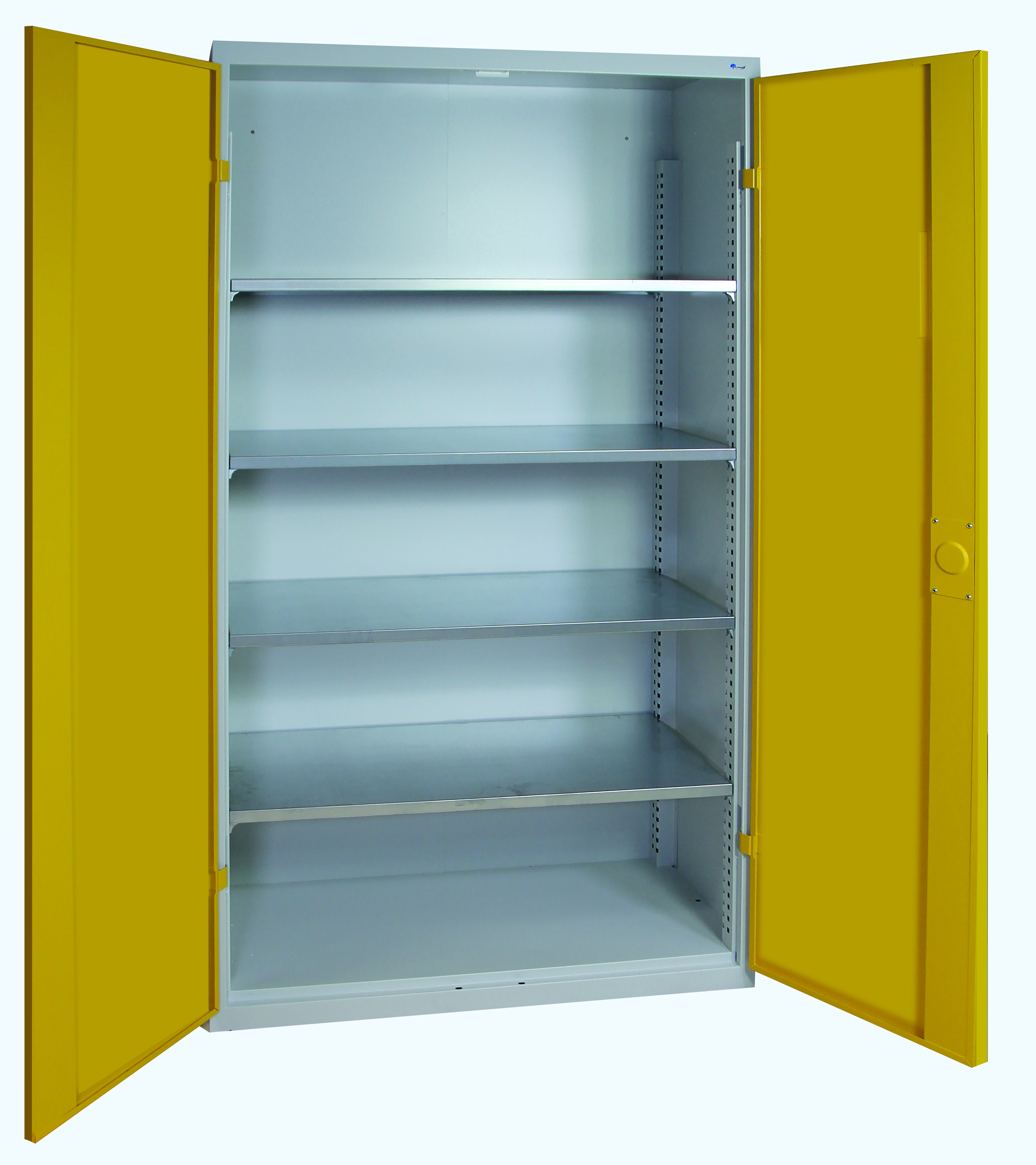 Universal-Stahlschrank mit 4 Fachböden, Flügeltüren in signalgelb.
