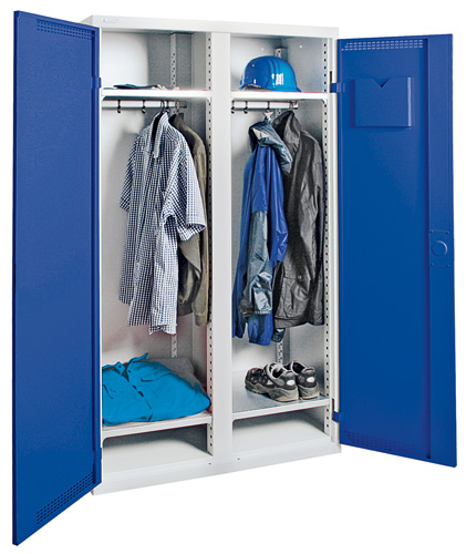 Garderobenschrank mit 4 Fachböden und Mitteltrennwand, Flügeltüren Enzianblau