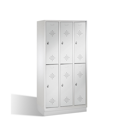 Stahl-Fächerschrank Classic auf Sockel, 3 Abteile, 6 Fächer Front 7035 Lichtgrau Stahl-Fächerschrank Classic auf Sockel, 3 Abteile, 6 Fächer Front 7035 Lichtgrau