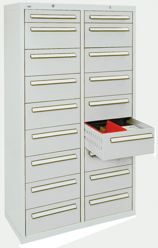 Schubladenschrank 1800 mm hoch mit 18 Schubladen Gleitführungen, Lichtgrau