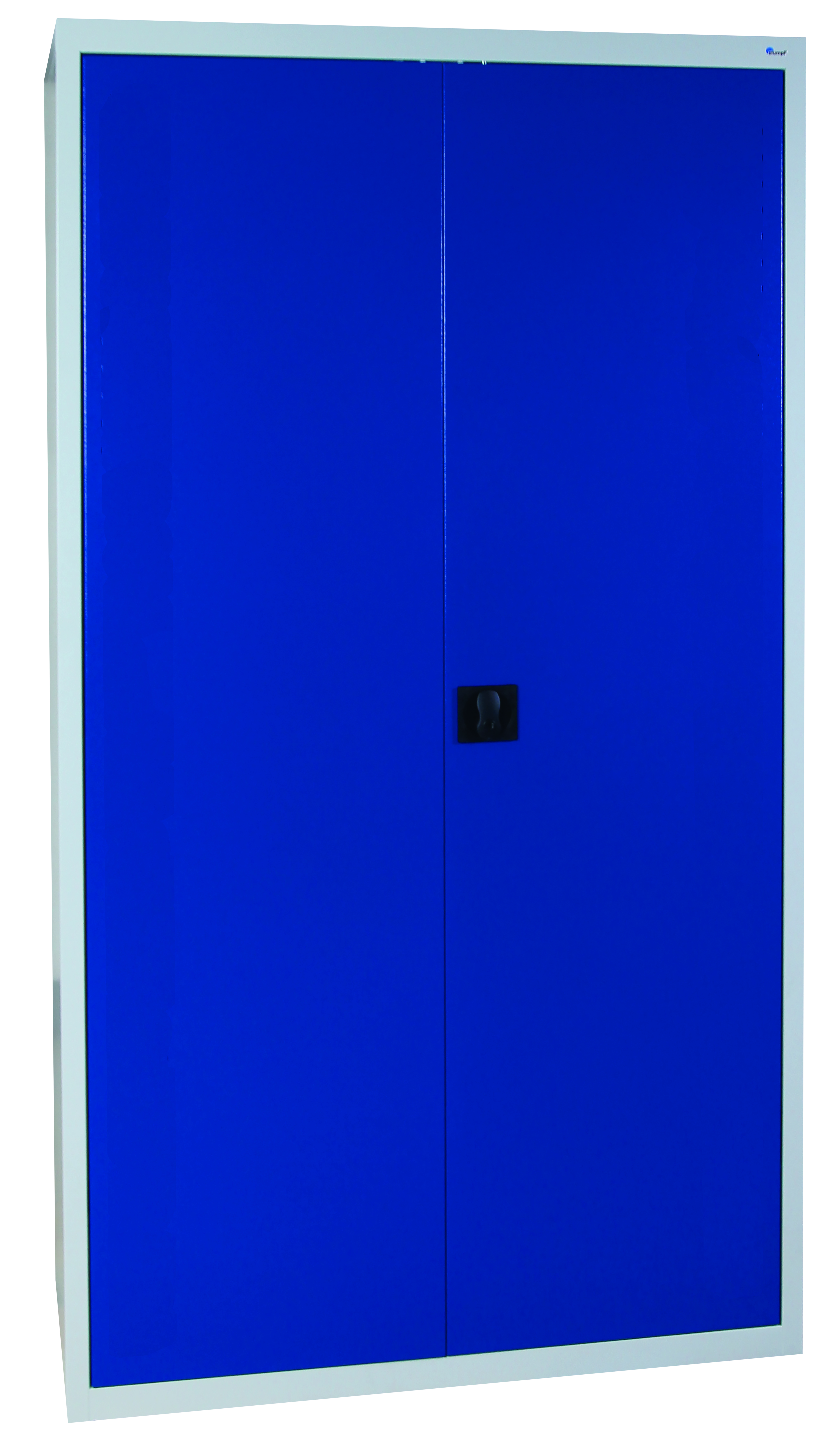 Universal-Stahlschrank mit 4 Fachböden, Flügeltüren in enzianblau.