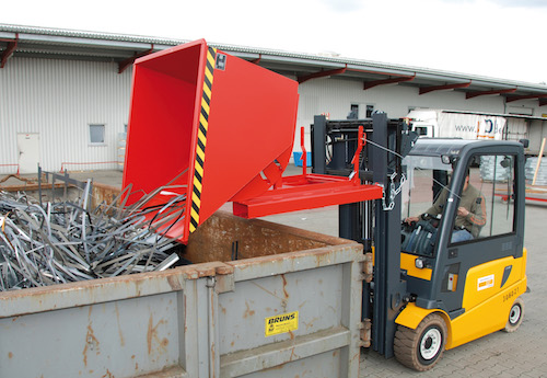 Abroll-Kippbehälter für Gabelhubwagen, Inhalt 0,50 m³, Tragfähigkeit 1000 kg, rot lackiert