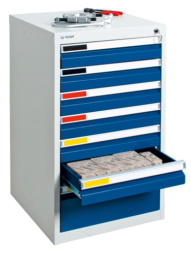 Schubladenschrank mit 7 Schubladen, optional mobil, 100 % Auszug, Enzianblau