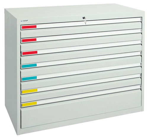 Schubladenschrank mit 7 Großraumschubladen, optional mobil, 100 % Auszug, Lichtgrau
