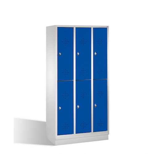 Stahl-Fächerschrank Classic auf Sockel, 3 Abteile, 6 Fächer Front 5010 Enzianblau Stahl-Fächerschrank Classic auf Sockel, 3 Abteile, 6 Fächer Front 5010 Enzianblau