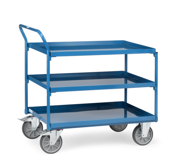 Tischwagen mit Wannen mit 3 Böden aus Blechwannen, Griff hochstehend 850x500