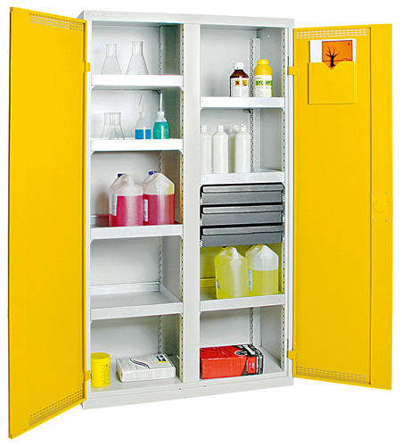 Umweltschrank mit Mitteltrennwand StawaR-5, 7x 10 Liter Wannen, 2 Flügeltüren Signalgelb