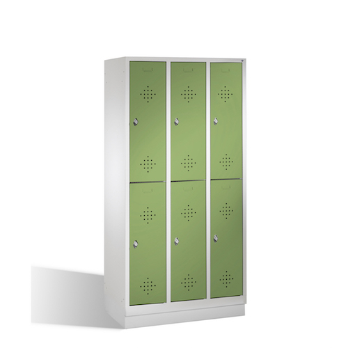 Stahl-Fächerschrank Classic auf Sockel, 3 Abteile, 6 Fächer Front 6011 Resedagrün