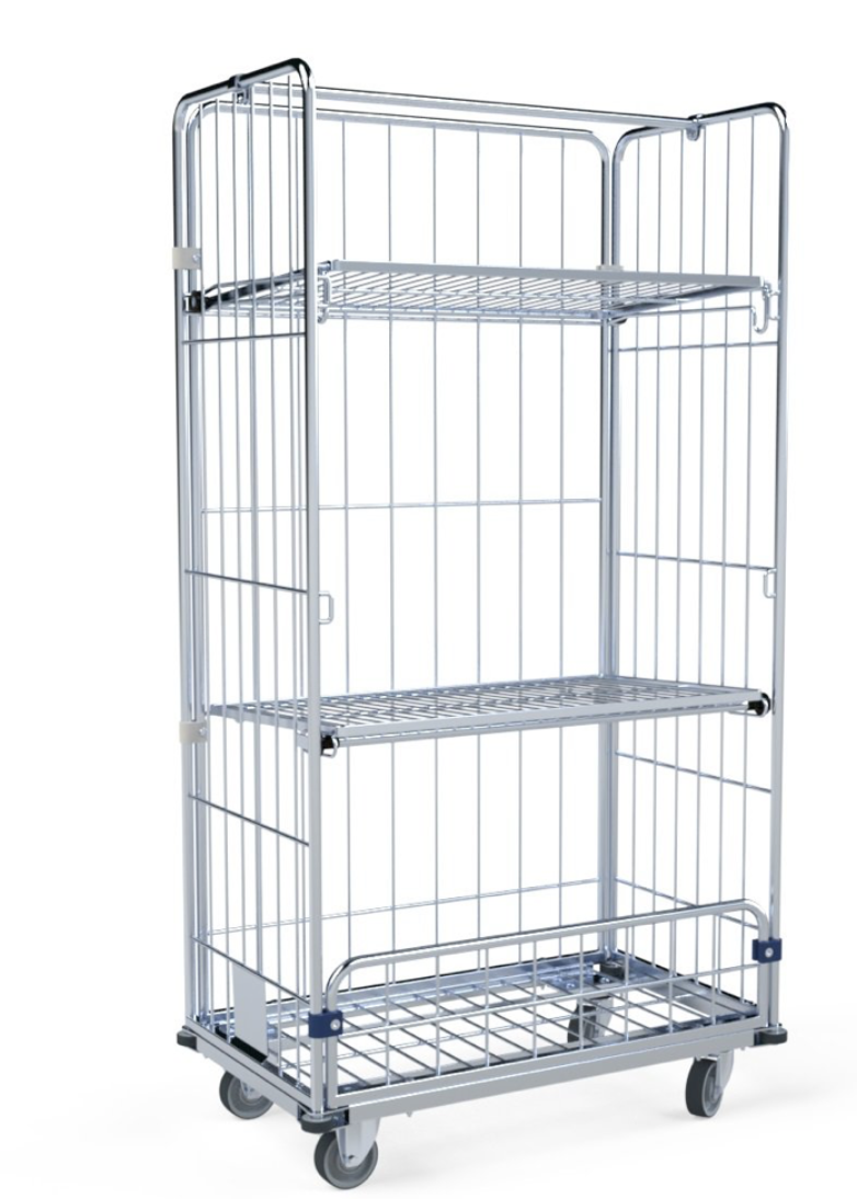 Wäschecontainer/Wäschewagen 1590mm, 940x560ME, 4-seitig, kurze Vorderwand, 2Zwischenböden klappbar, 1Kleiderstange