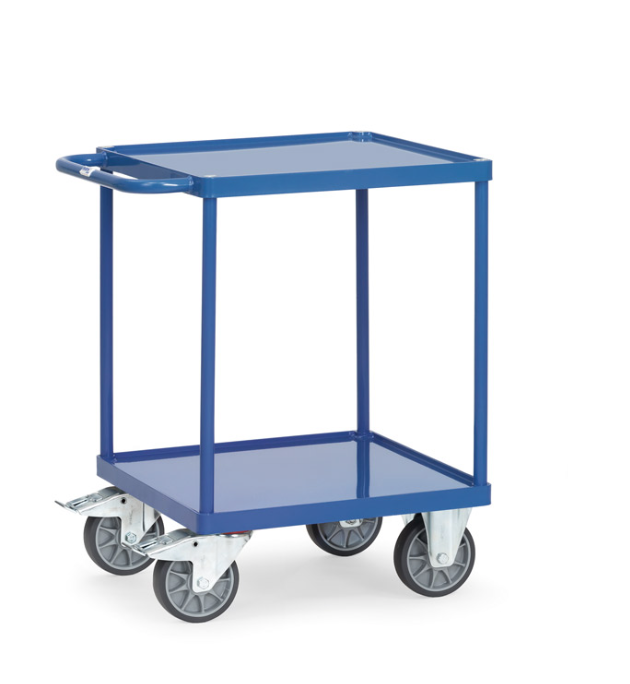 Tischwagen mit Stahlblech-Wannen mit quadratischer Ladefläche, mit 2 Böden aus Stahlblech, mit 10 mm hohem Rand