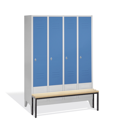 Garderobenschrank Classic mit Sitzbank, 4 Abteile, Front 5012 Lichtblau