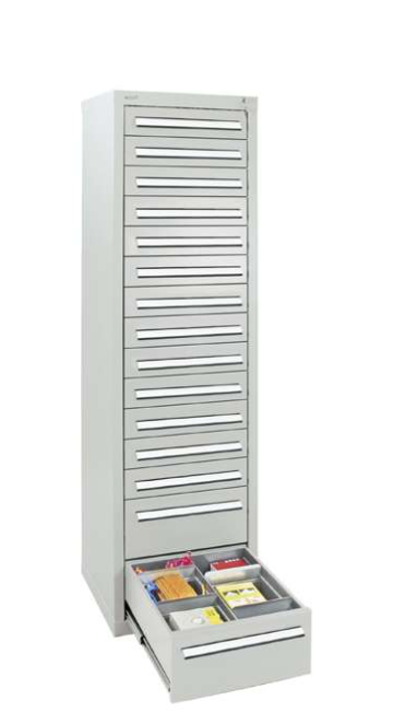 Schubladenschrank - Säule, Höhe 180 cm, mit 100 % Teleskopauszügen, 35 kg / Schublade, 15 Schubladen