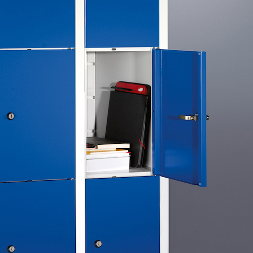 Stahl-Fächerschrank Classic auf Füßen, 2 Abteile, 8 Fächer Front 5010 Enzianblau