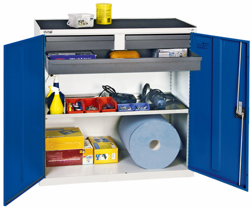 Kleiner Flügeltürenschrank mit 3 Schubladen und 1 Wanne, Enzianblau