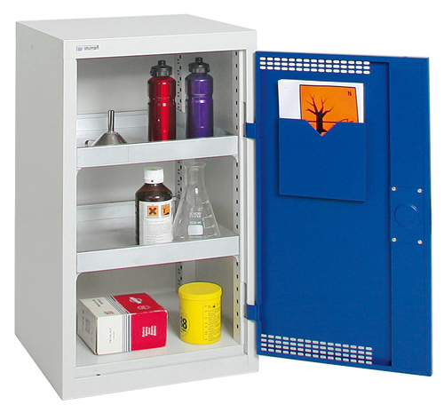 Kleiner Umweltschrank mit Schließleistenabdeckung, 2x 10 Liter Wannen, Flügeltür Enzianblau