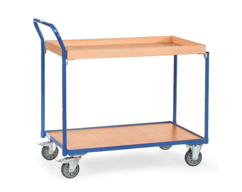 Leichter Tischwagen mit 1 Boden und 1 Kasten aus Holz, Griff hochstehend 850x500