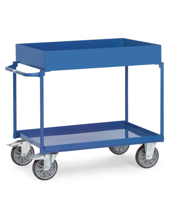 Tischwagen mit Wannen mit 2 Böden aus Blechwannen, obere Etage 150 mm Rand 850x500