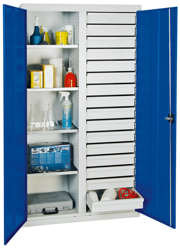 Werkzeugschrank mit Mitteltrennwand, 16 Schubladen, 4 Fachböden, Enzianblau