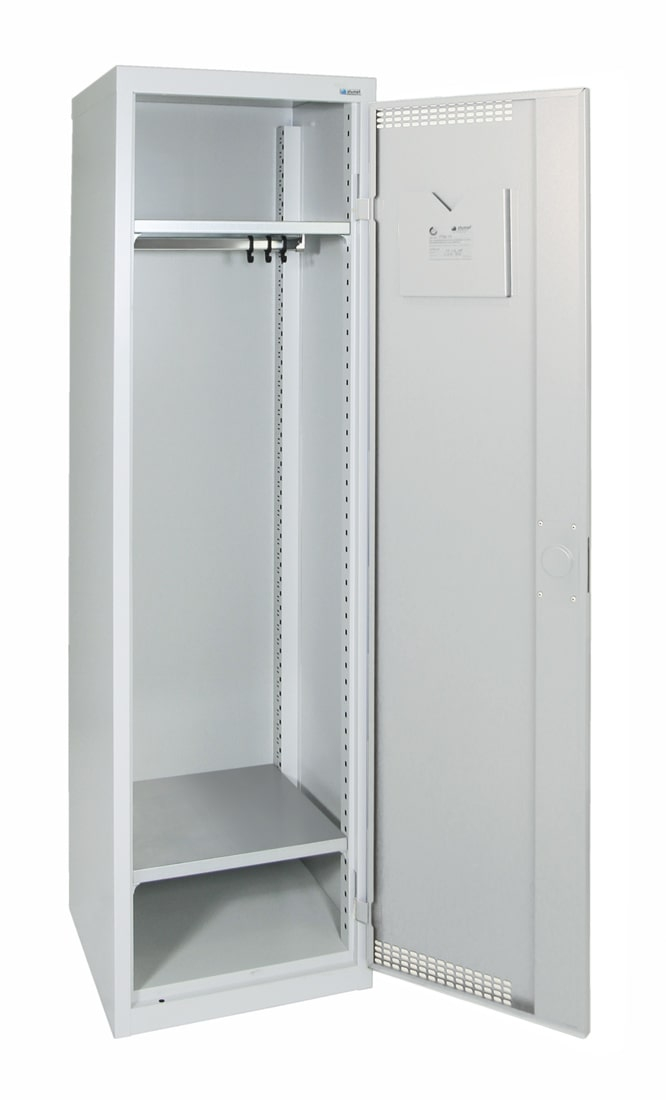 Garderobenschrank schmal, 2 Ablagen, lichtgrau