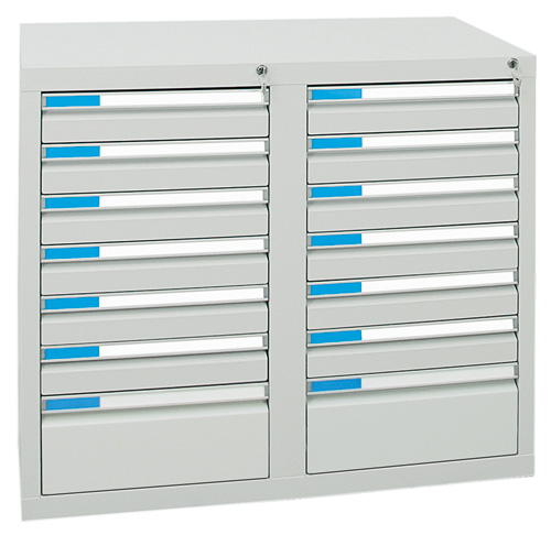 Schubladenschrank ESTA mit 14 Schubladen, 100 % Auszug, Lichtgrau