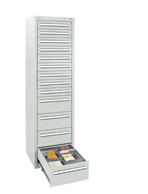 Schubladenschrank - Säule, Höhe 180 cm, mit 100 % Teleskopauszügen, 35 kg / Schublade, 13 Schubladen