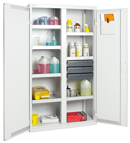 Großer Umweltschrank mit Mitteltrennwand und Schließleistenabdeckung, 7x 10 Liter Wannen, 2 Flügeltüren Lichtgrau