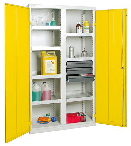 Großer Umweltschrank mit Mitteltrennwand, 7x 10 Liter Wannen, 2 Flügeltüren Signalgelb