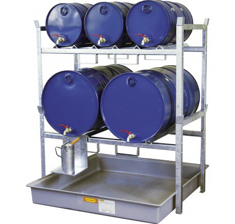 Lagerregal mit GFK-Auffangwanne 220 Liter und Fassauflagen für 60 u. 200 Liter Fässer